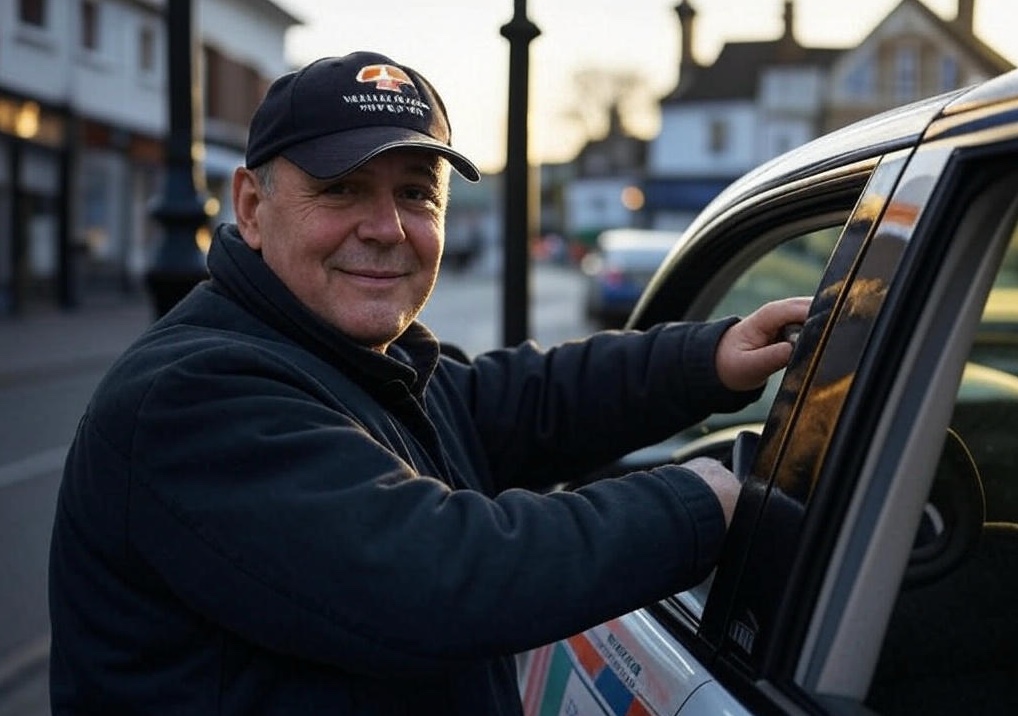 Professional taxi driver standing by a clean taxi in Waltham Cross under natural daylight