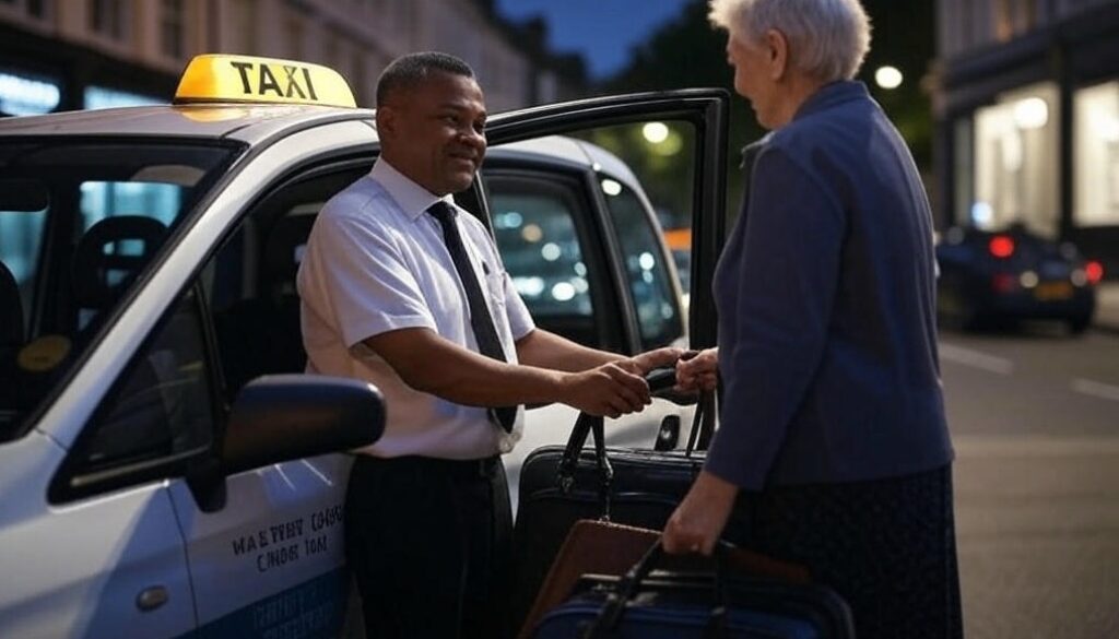 Find Taxis Near Me - Local Taxi Service Local taxi service waiting near a city street at dusk
