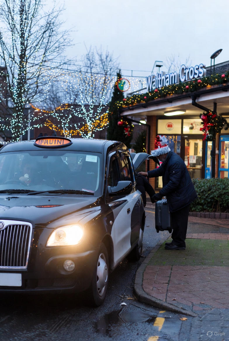 A clean Waltham Cross Taxis vehicle parked on a festive street in Waltham Cross during Christmas, with lights in the background.