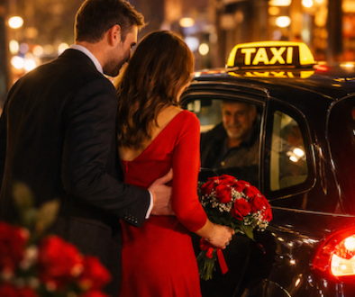 Romantic couple entering a taxi on Valentine’s Day in Waltham Cross UK.