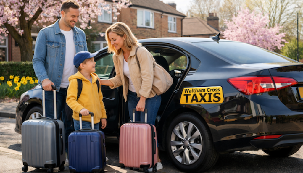 Modern black taxi picking up a family for Easter 2025 travel in Waltham Cross.