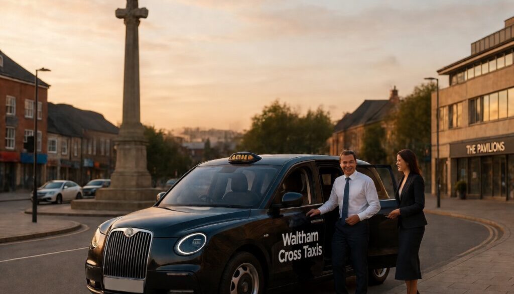 Professional Waltham Cross taxi driver opens the door for a business passenger in front of the Eleanor Cross monument, with futuristic AI dispatch and fixed fare holograms floating above the vehicle in a sunlit Hertfordshire street.