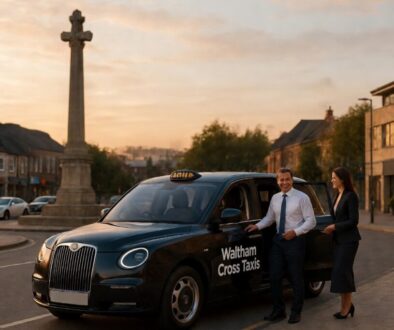 Professional Waltham Cross taxi driver opens the door for a business passenger in front of the Eleanor Cross monument, with futuristic AI dispatch and fixed fare holograms floating above the vehicle in a sunlit Hertfordshire street.