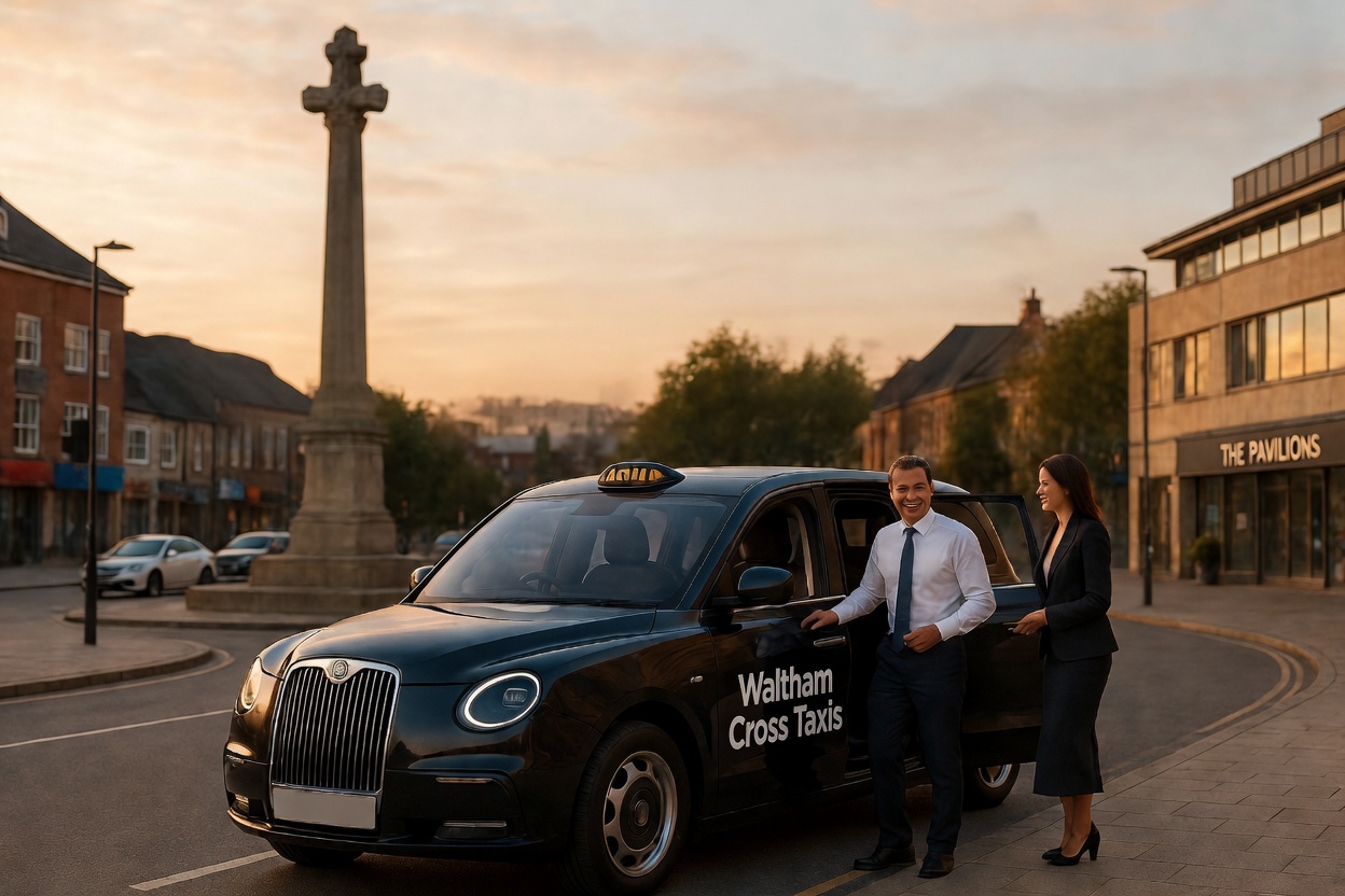 Professional Waltham Cross taxi driver opens the door for a business passenger in front of the Eleanor Cross monument, with futuristic AI dispatch and fixed fare holograms floating above the vehicle in a sunlit Hertfordshire street.