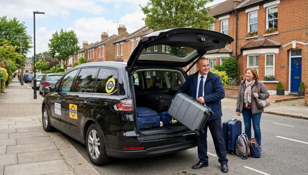 Professional Waltham Cross Taxis driver loading passenger luggage into a clean, modern minicab for an airport transfer.