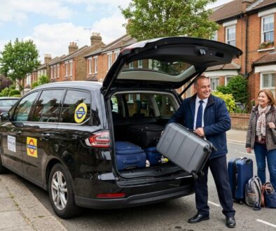 Professional Waltham Cross Taxis driver loading passenger luggage into a clean, modern minicab for an airport transfer.