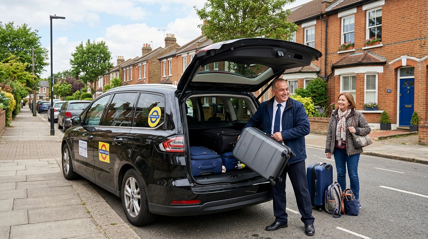 Professional Waltham Cross Taxis driver loading passenger luggage into a clean, modern minicab for an airport transfer.